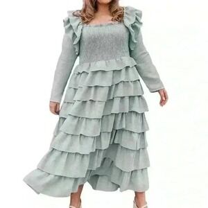 JESSAKAE Collection Midi Dress Tiered Ruffled Smocked Dress Womens Size XL Green